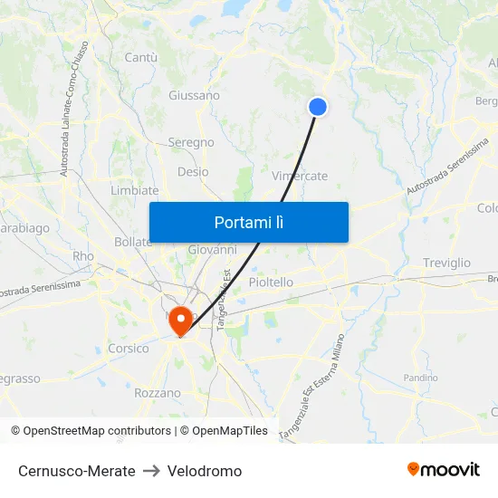 Cernusco-Merate to Velodromo map