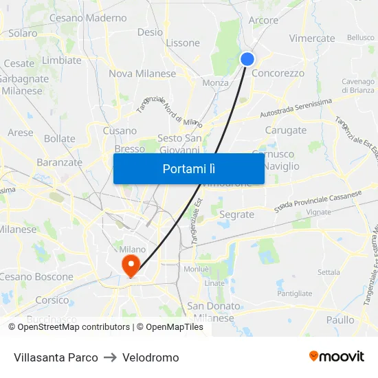 Villasanta Parco to Velodromo map