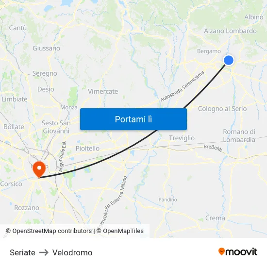 Seriate to Velodromo map
