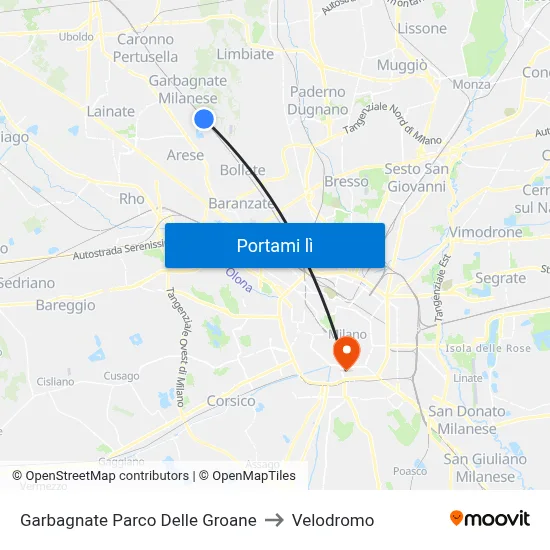 Garbagnate Parco Delle Groane to Velodromo map