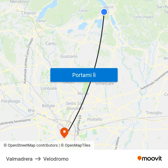 Valmadrera to Velodromo map