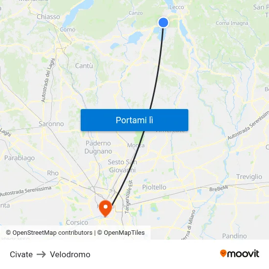 Civate to Velodromo map