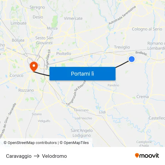 Caravaggio to Velodromo map