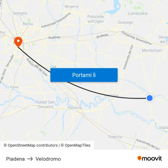 Piadena to Velodromo map