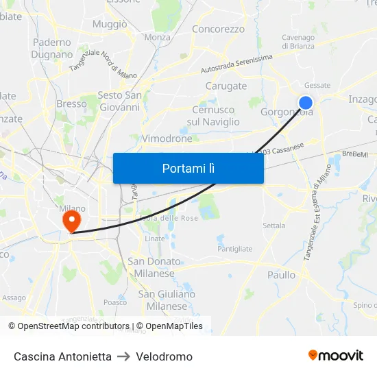 Cascina Antonietta to Velodromo map