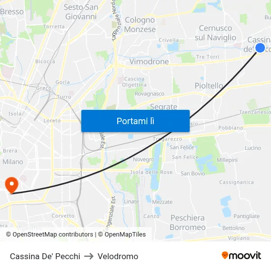 Cassina De' Pecchi to Velodromo map