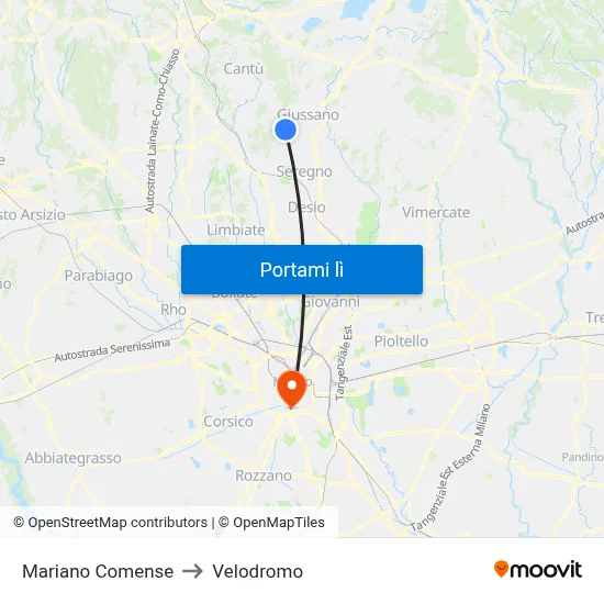 Mariano Comense to Velodromo map