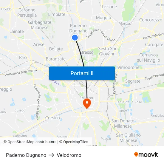 Paderno Dugnano to Velodromo map