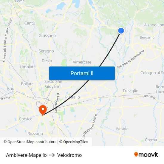 Ambivere-Mapello to Velodromo map
