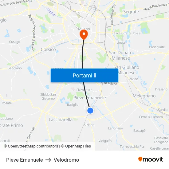 Pieve Emanuele to Velodromo map