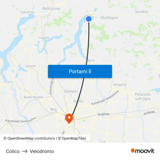 Colico to Velodromo map