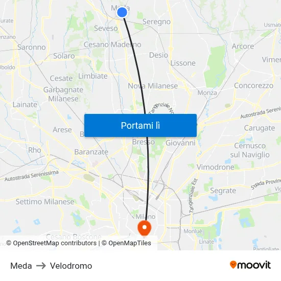 Meda to Velodromo map
