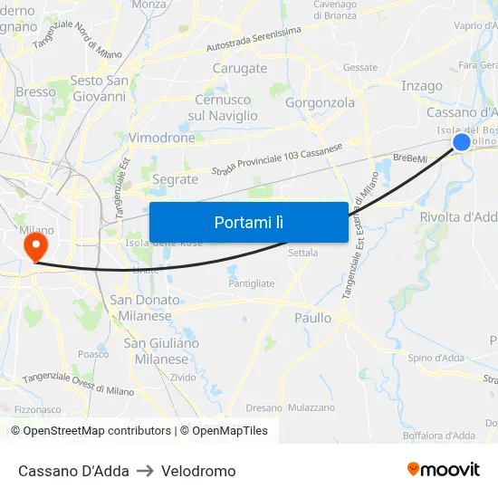 Cassano D'Adda to Velodromo map