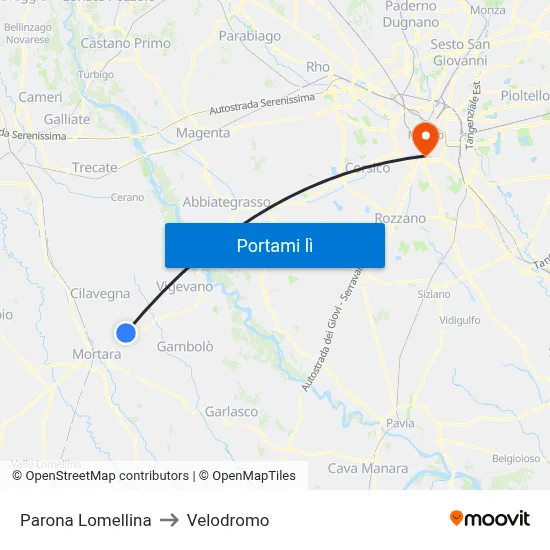 Parona Lomellina to Velodromo map