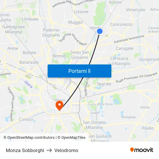 Monza Sobborghi to Velodromo map