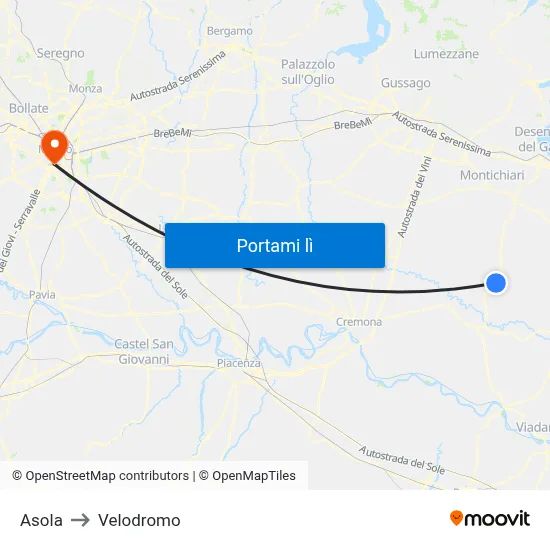 Asola to Velodromo map