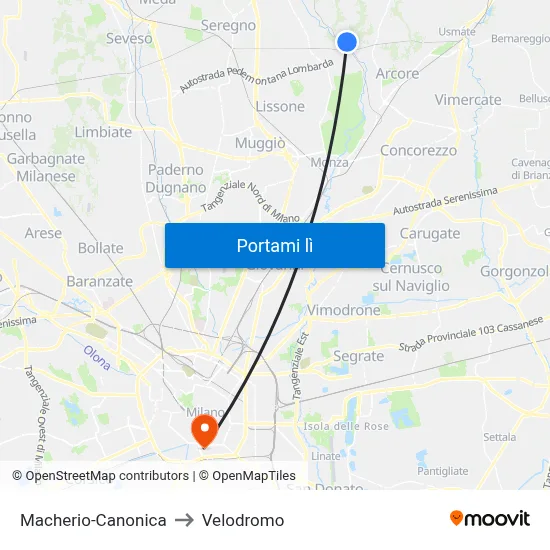Macherio-Canonica to Velodromo map