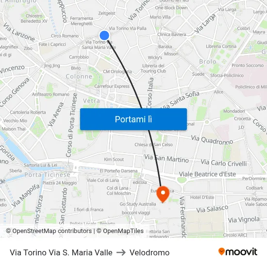 Via Torino Via S. Maria Valle to Velodromo map