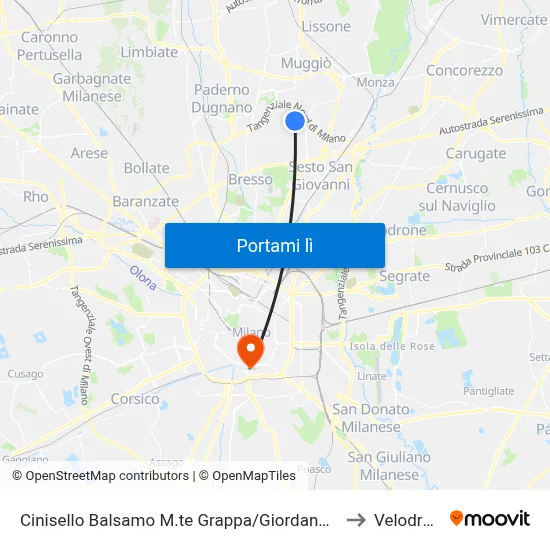 Cinisello Balsamo M.te Grappa/Giordano (Cimitero) to Velodromo map