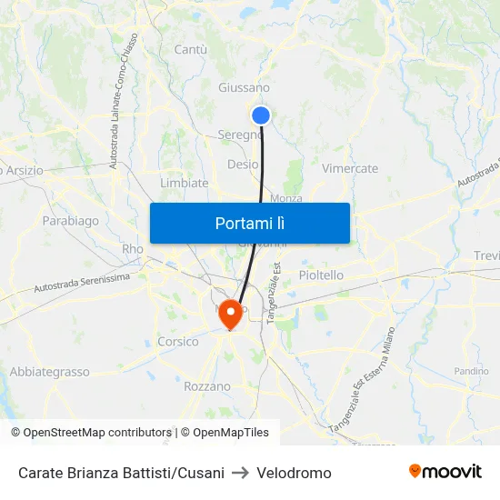 Carate Brianza Battisti/Cusani to Velodromo map