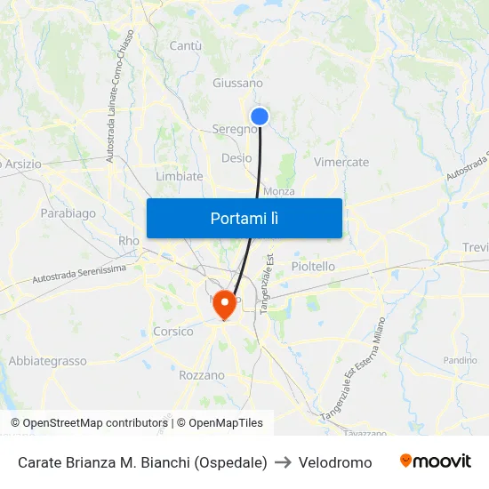 Carate Brianza M. Bianchi (Ospedale) to Velodromo map