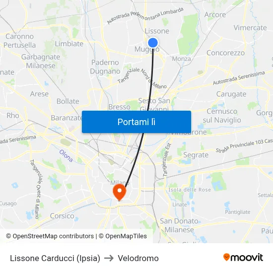 Lissone Carducci (Ipsia) to Velodromo map