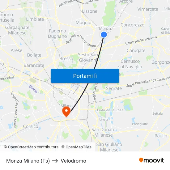 Monza Milano (Fs) to Velodromo map
