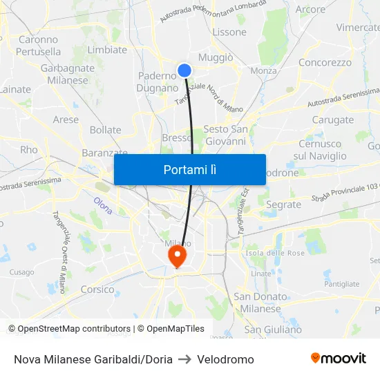 Nova Milanese Garibaldi/Doria to Velodromo map