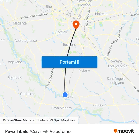 Pavia Tibaldi/Cervi to Velodromo map
