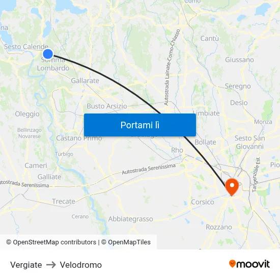 Vergiate to Velodromo map