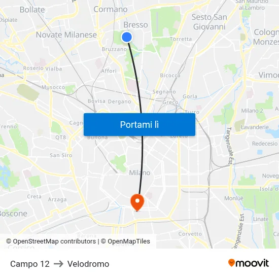 Campo 12 to Velodromo map