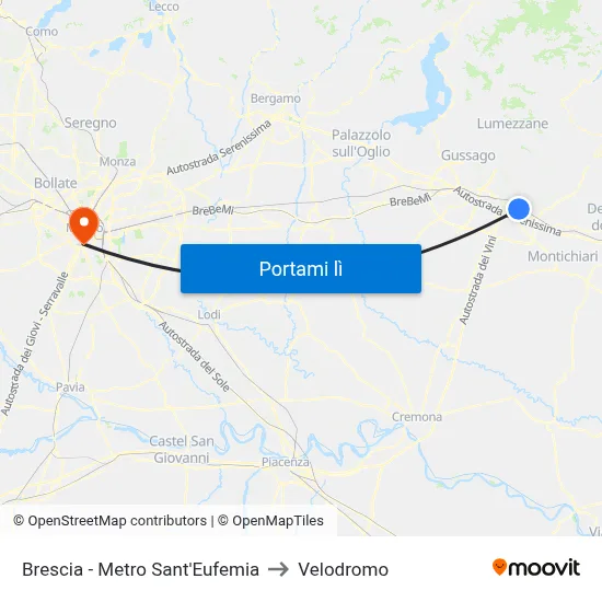 Brescia - Metro Sant'Eufemia to Velodromo map