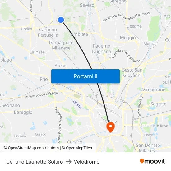 Ceriano Laghetto-Solaro to Velodromo map