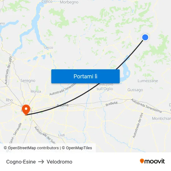 Cogno-Esine to Velodromo map