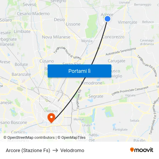 Arcore (Stazione Fs) to Velodromo map