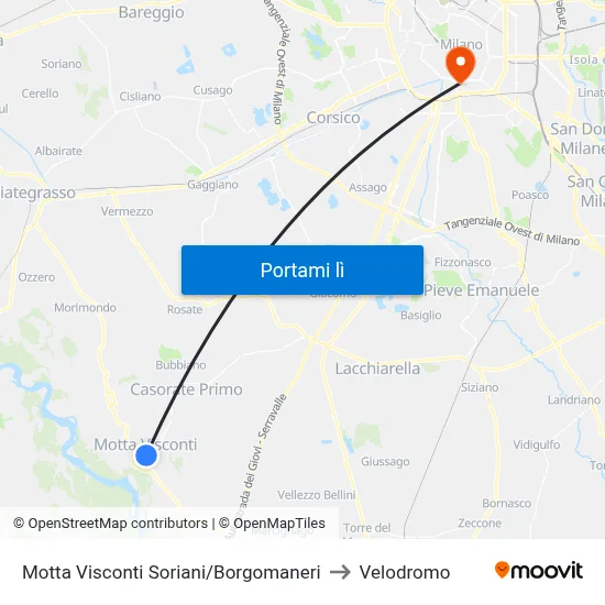 Motta Visconti Soriani/Borgomaneri to Velodromo map