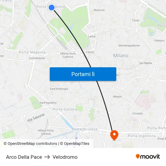 Arco Della Pace to Velodromo map