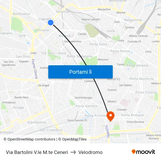 Via Bartolini V.le M.te Ceneri to Velodromo map
