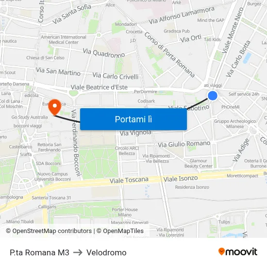 P.ta Romana M3 to Velodromo map