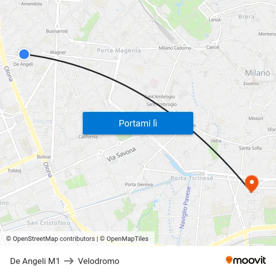 De Angeli M1 to Velodromo map