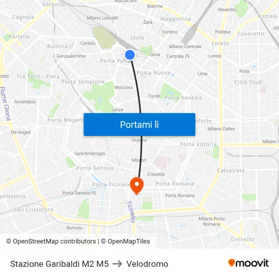 Stazione Garibaldi M2 M5 to Velodromo map