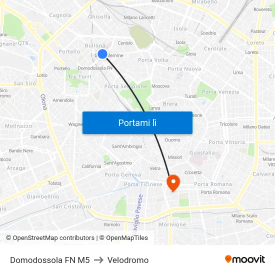 Domodossola FN M5 to Velodromo map