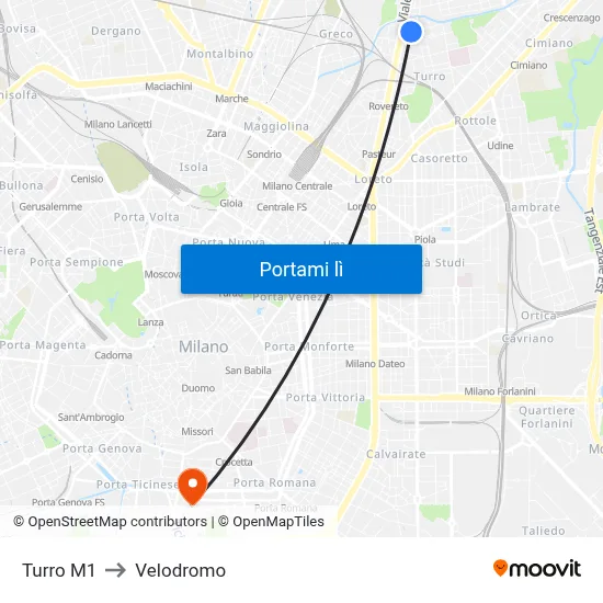 Turro M1 to Velodromo map