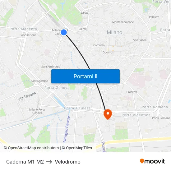 Cadorna M1 M2 to Velodromo map