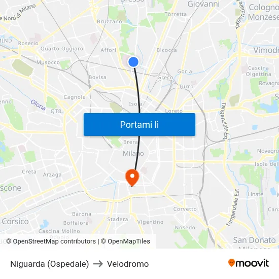 Niguarda (Ospedale) to Velodromo map