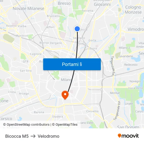 Bicocca M5 to Velodromo map