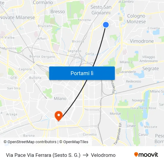 Via Pace Via Ferrara (Sesto S. G.) to Velodromo map
