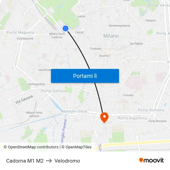 Cadorna M1 M2 to Velodromo map