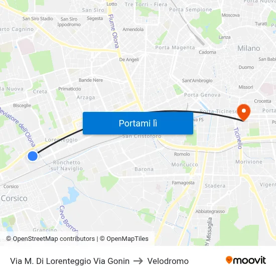 Via M. Di Lorenteggio Via Gonin to Velodromo map