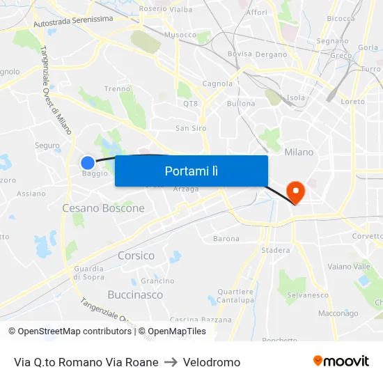 Via Q.to Romano Via Roane to Velodromo map